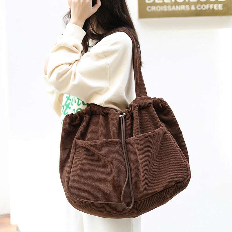 Ins Corduroy Shoulder Bags Drawstring Multi-pocket Handbag Women Underarm Bags - Minihomy