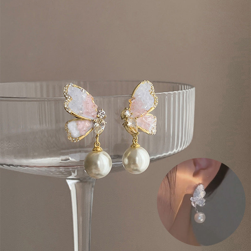 Gradient Butterfly Pearl Earrings With Rhinestones Luxury Personalized Earrings For Women Jewelry - Minihomy