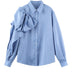 Casual Blue Striped Shirts For Women Lapel Long Sleeve Bowknot Patchwork Blouses - Minihomy