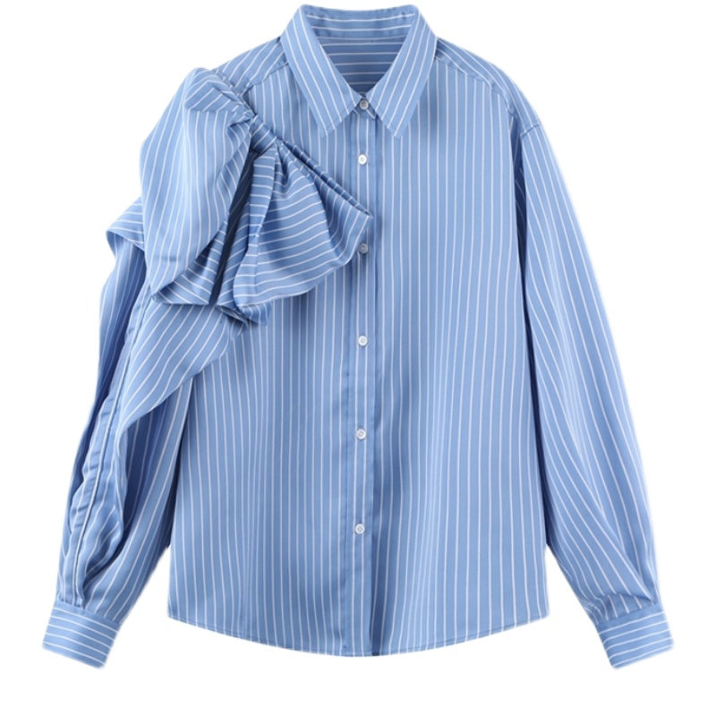 Casual Blue Striped Shirts For Women Lapel Long Sleeve Bowknot Patchwork Blouses - Minihomy