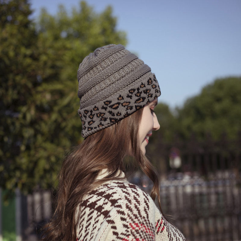 Beanie Women's Warm Leopard Print Knitted Hat Winter - Minihomy