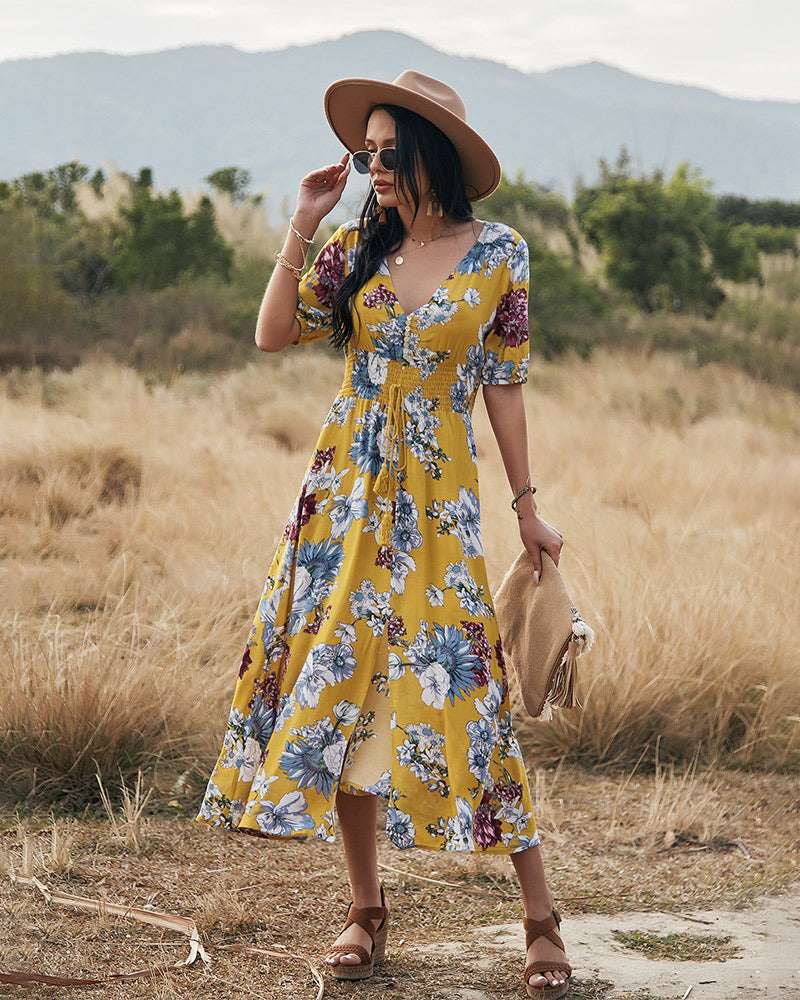 Floral Summer Beach Dress With V Neck Elastic Waist Dresses For Women - Minihomy