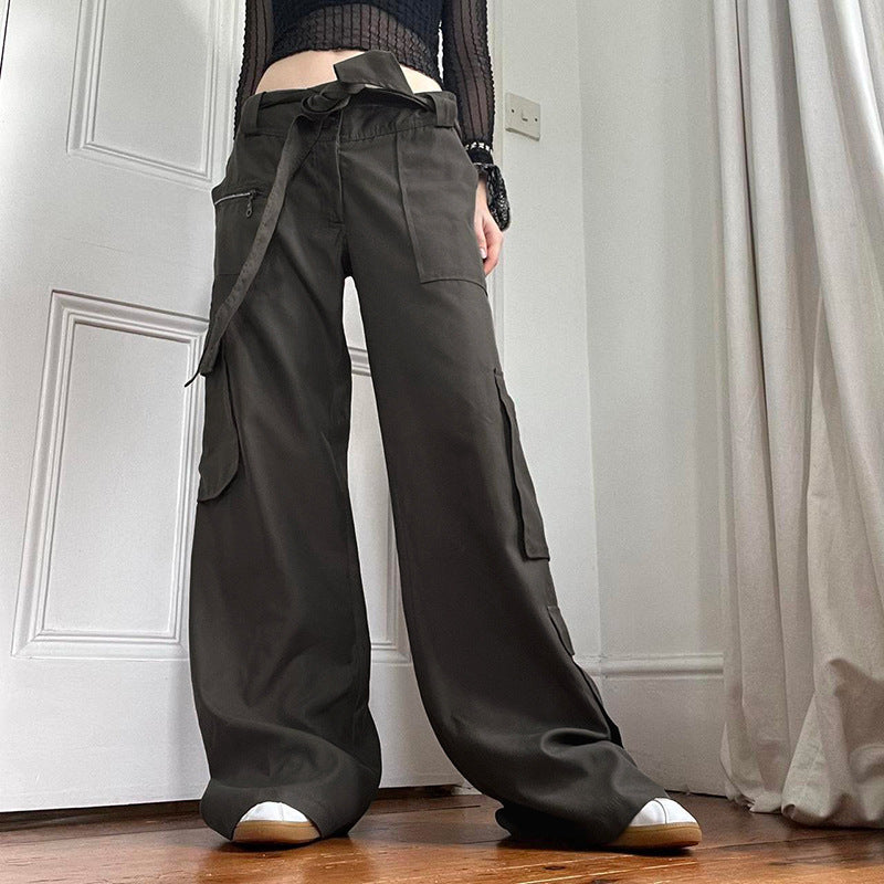 Lounge Pants Lace-Up Low Rise Asymmetric Pocket Loose Cargo Pants - Minihomy