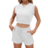 Women's Summer 2-Piece Set - Sleeveless Top and Drawstring Shorts with Wave Pattern Design