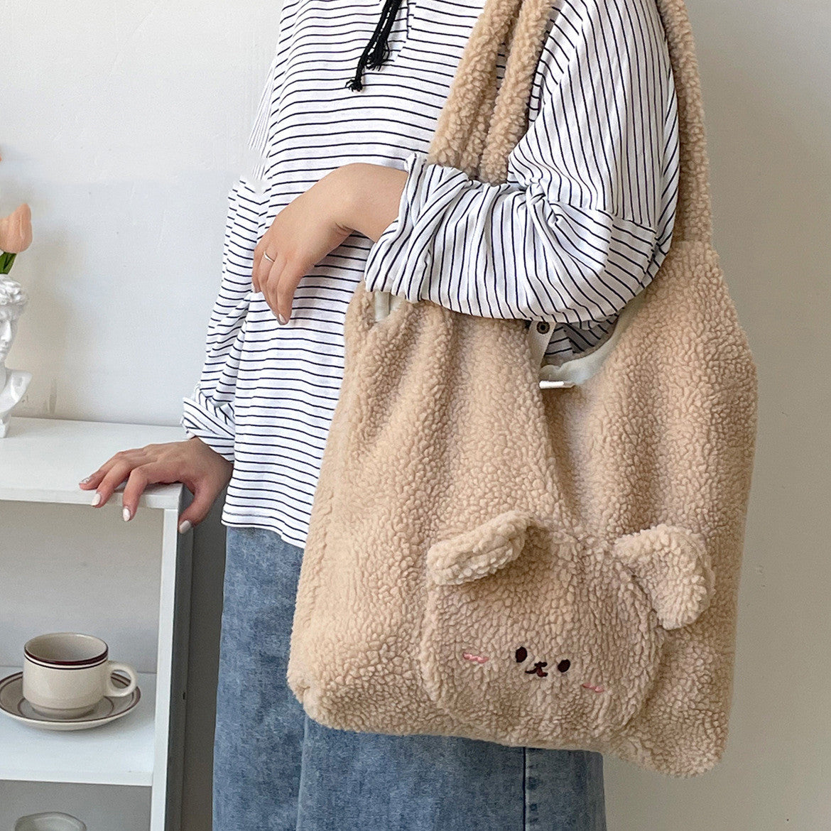 Personalized 3D Cartoon Bear Lamb Wool Shoulder Bag for Women - Minihomy