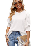 Women's Loose T-shirt With Elastic Sleeves - Solid Color Outfit