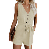 Women Playsuit Summer V Neck Sleeveless Button Belt Bow Casual Jumpsuit