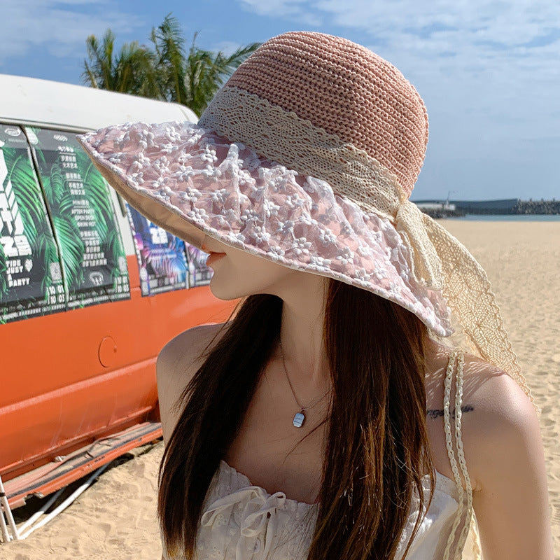 Lace Bow Straw Sun Hat - Wide Brim UV Protection Fisherman Hat for Summer - Minihomy