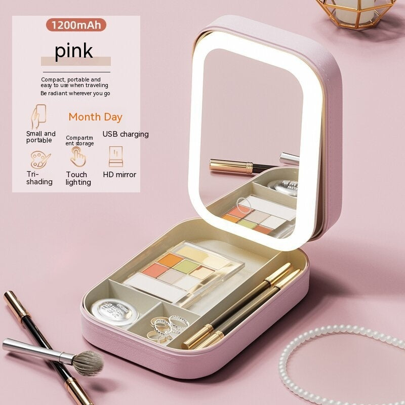 Makeup Storage Box With LED Light Mirror Portable Travel Makeup Cosmetics Storage Box Touch Light Storage Organizer - Minihomy