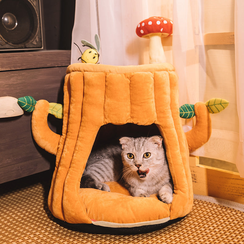 Cat Litter Cat Sleeping Bag Small Dog Autumn And Winter Warm Semi-enclosed Tree Stump Cat House - Minihomy