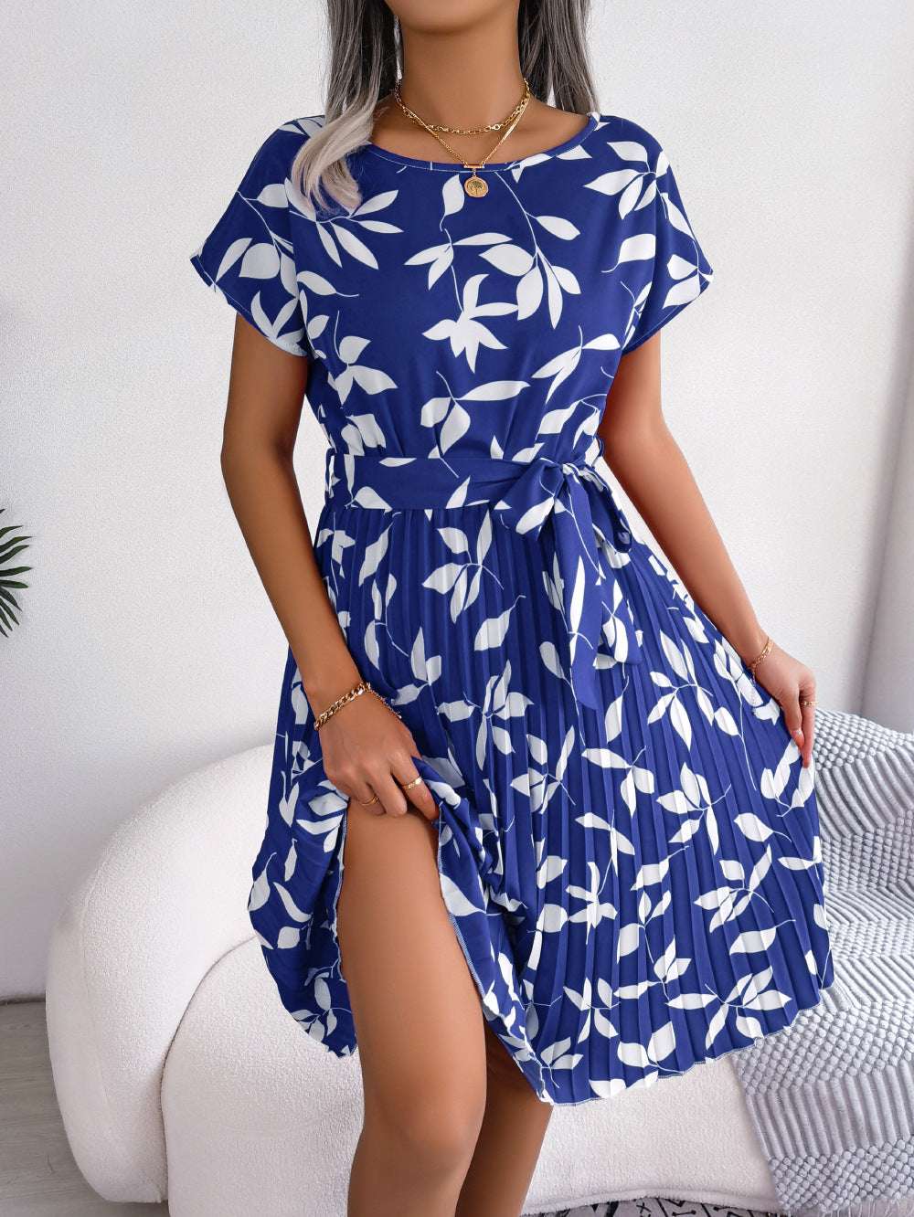 Leaf Print Dress Women Short Sleeve Lace-up Skirt Summer Beach Dress - Minihomy