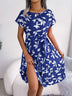 Leaf Print Dress Women Short Sleeve Lace-up Skirt Summer Beach Dress - Minihomy