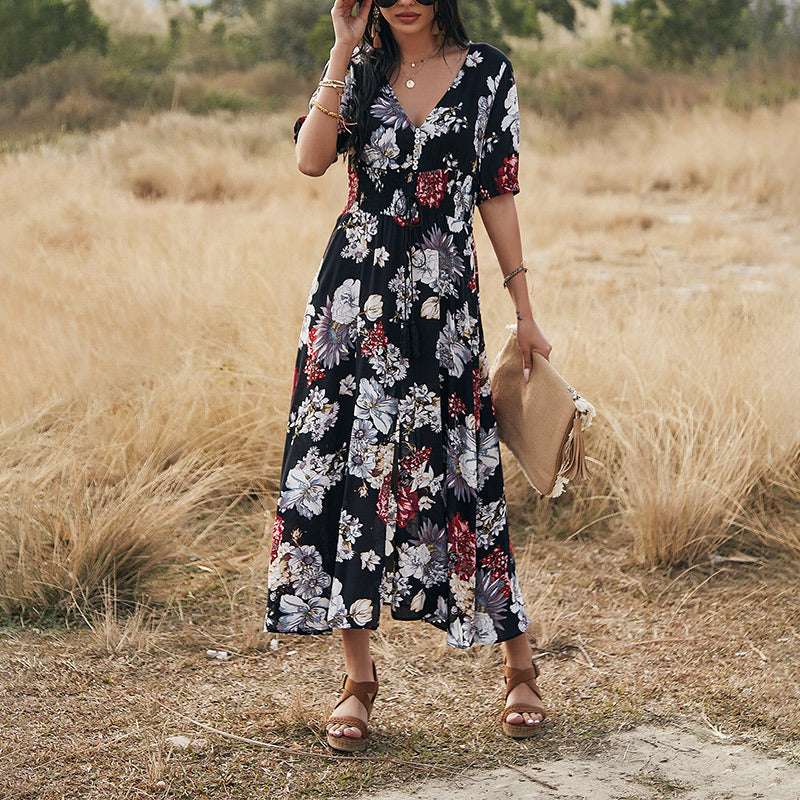 Floral Summer Beach Dress With V Neck Elastic Waist Dresses For Women - Minihomy