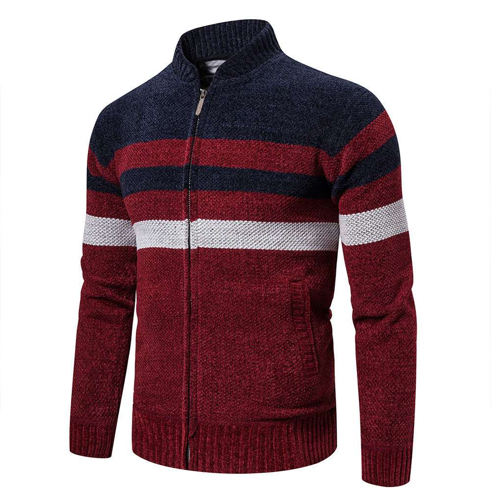 Casual Sweater Men Stand Collar Striped Color Matching Long Sleeves - Minihomy