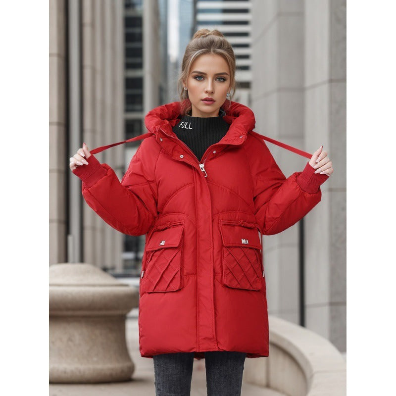 Women's Warm Hooded Cotton Jacket - Winter Outerwear Coat with Pockets