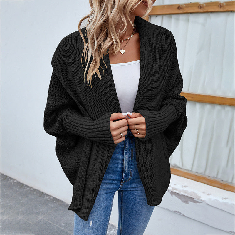 New Loose Knitted Sweater Solid Color Bat Sleeve Large Lapel Cardigan Autumn And Winter Fashion Jacket For Women Clothing - Minihomy