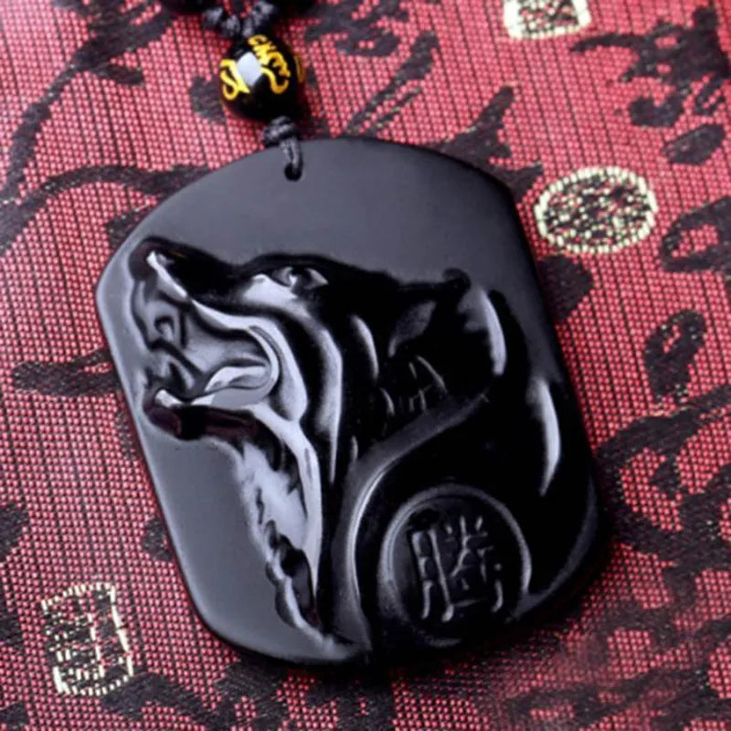 Obsidian Carving Wolf Head Amulet Pendant Necklace - Minihomy