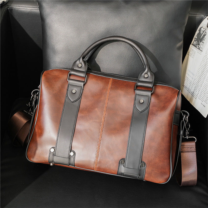 Men's shoulder bag crazy horse leather Messenger bag Korean version of the portable multi-function trend leisure diagonal package - Minihomy