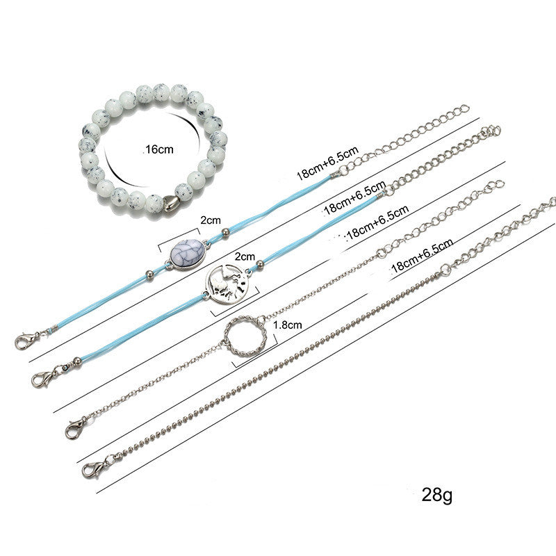 Round Beads Cracked Turquoise Braided Rope Map Hollow Circle Bracelet Five-Piece Set