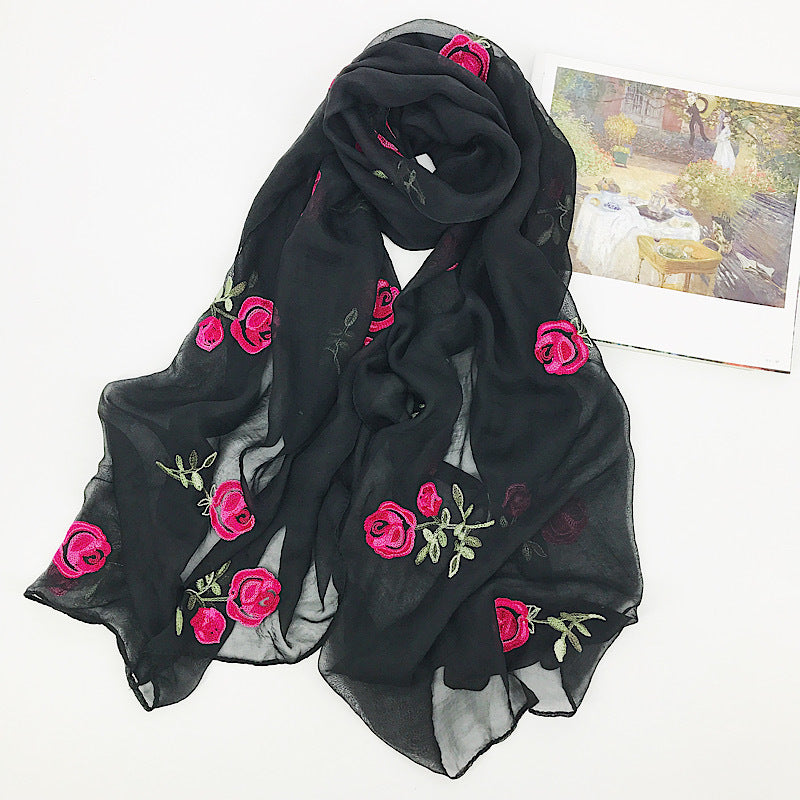 Embroidered Flower Rose Chiffon Ethnic Wind Sunscreen Shawl Beach Gauze Silk Scarf - Minihomy