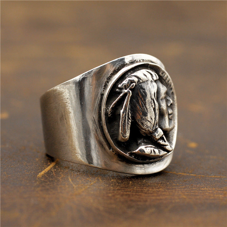 Handmade S925 Sterling Silver Thai Silver Vintage Wandering Coin Indian Chief Ring - Minihomy