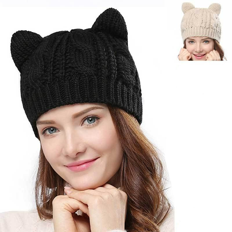 Hand Made 3D Cute Knitted Cat Ear Beanie Cap for Winter - Minihomy