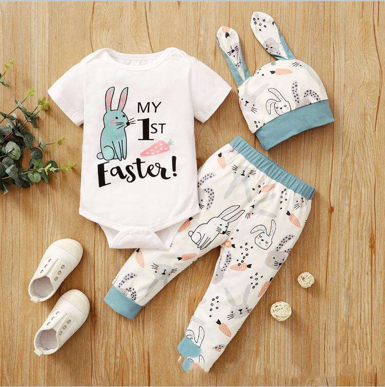 Easter Print Rabbit Romper Three Piece - 2 Colors - Minihomy