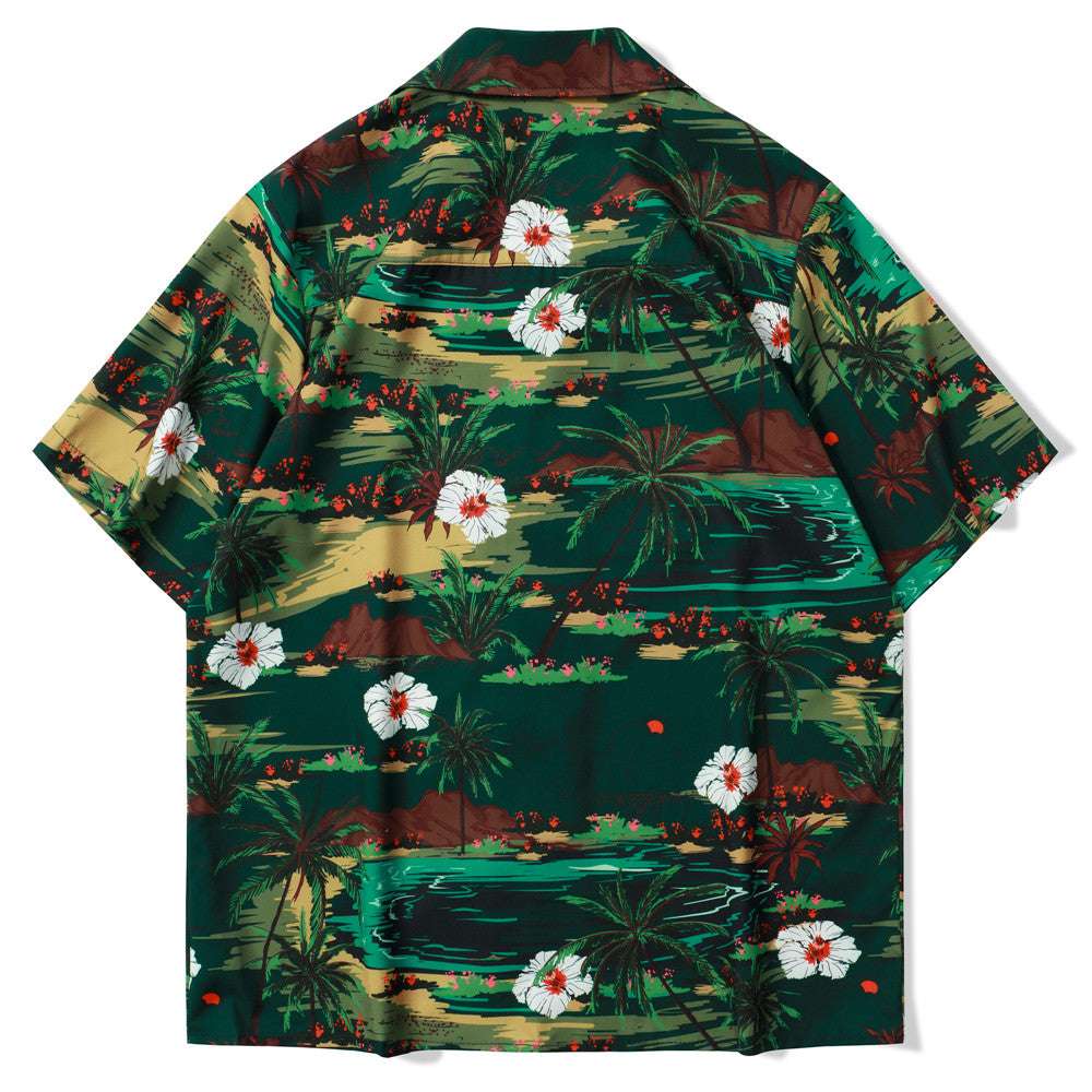 Men Short Sleeve Shirts Vintage Flower Print Streetwear Retro Summer Man Blouse - Minihomy