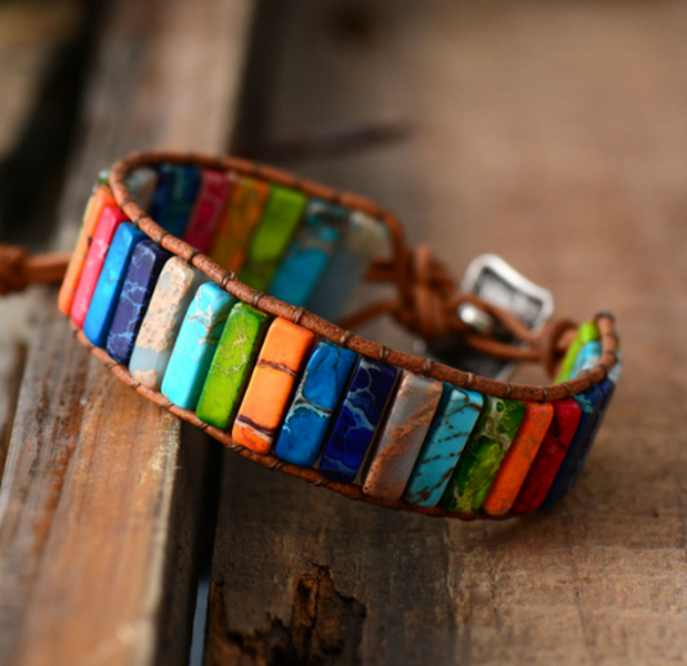 Colored Imperial Stone Hand-woven Single-layer Leather Bracelet: Embrace Ethnic Elegance - Minihomy