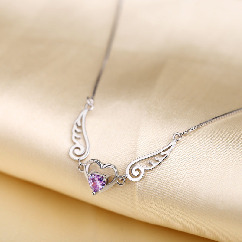 Angel Wings Necklace Pure Silver 925 Jewelry Romantic Purple Crystal Heart Necklaces For Women - Minihomy