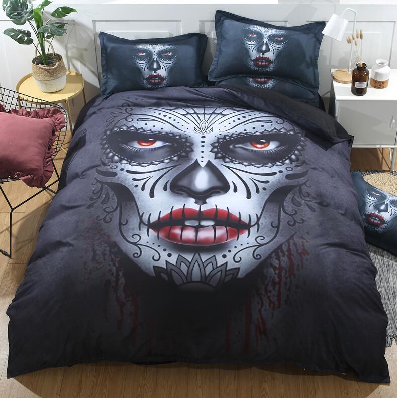 Black Skull Bedding Set Halloween Style Bed Sheet Queen King Double Bed Linen Cotton Blend Flower Skull Duvet Cover Set - Minihomy