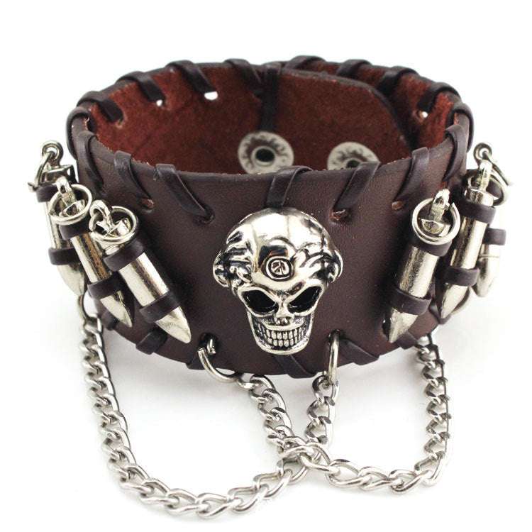 Men's Black PU Leather Bullet Wristband Adjustable Skull Metal Chain Bracelet Punk Biker Rock Gothic - Minihomy