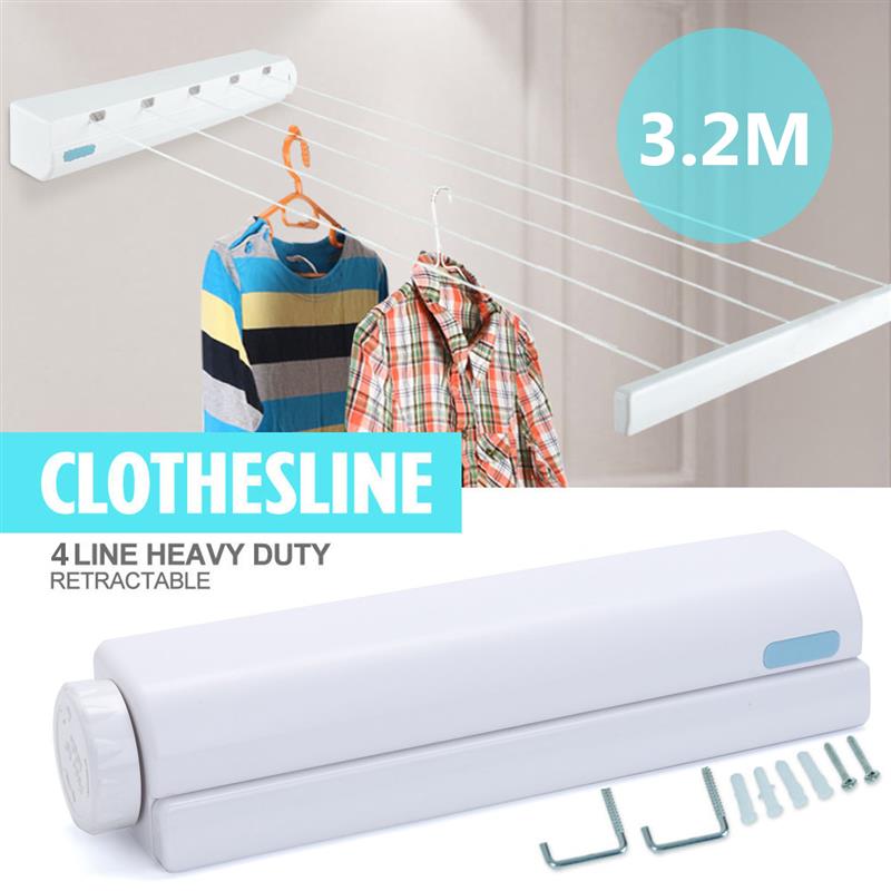 3.2 m 4 Lines Clothesline Rope Washing Indoor Space Saving Retractable Clothesline Indoor Outdoor - Minihomy