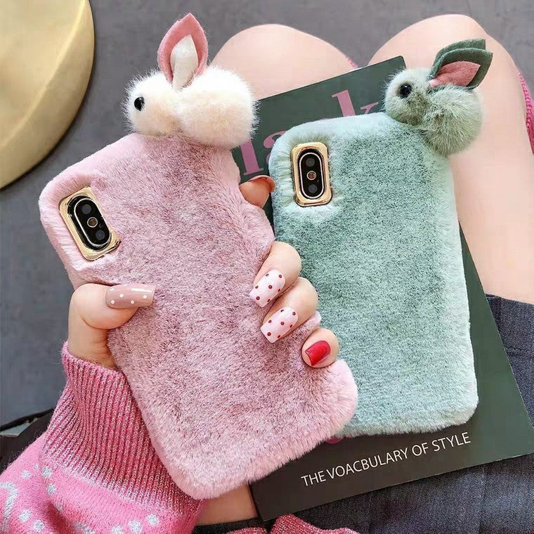 Cute Warm Rabbit Fur Plush diamond Phone Case - Minihomy