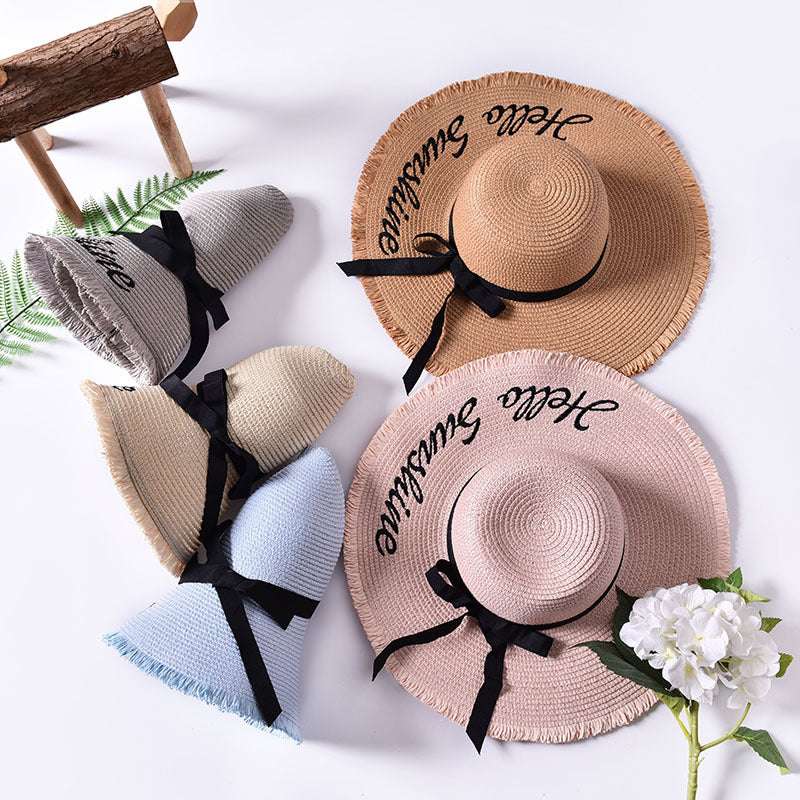 Beach embroidered letters raw edge sun hat - Minihomy