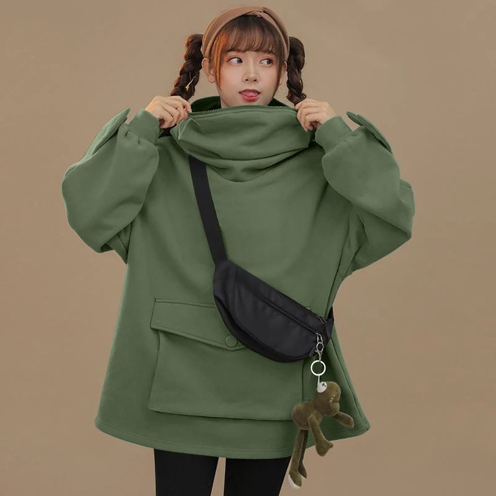 Solid Color Hooded Sweatshirt with Flap Pocket Lazy Style Simple Coat