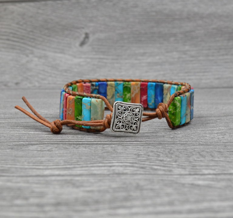 Colored Imperial Stone Hand-woven Single-layer Leather Bracelet: Embrace Ethnic Elegance - Minihomy