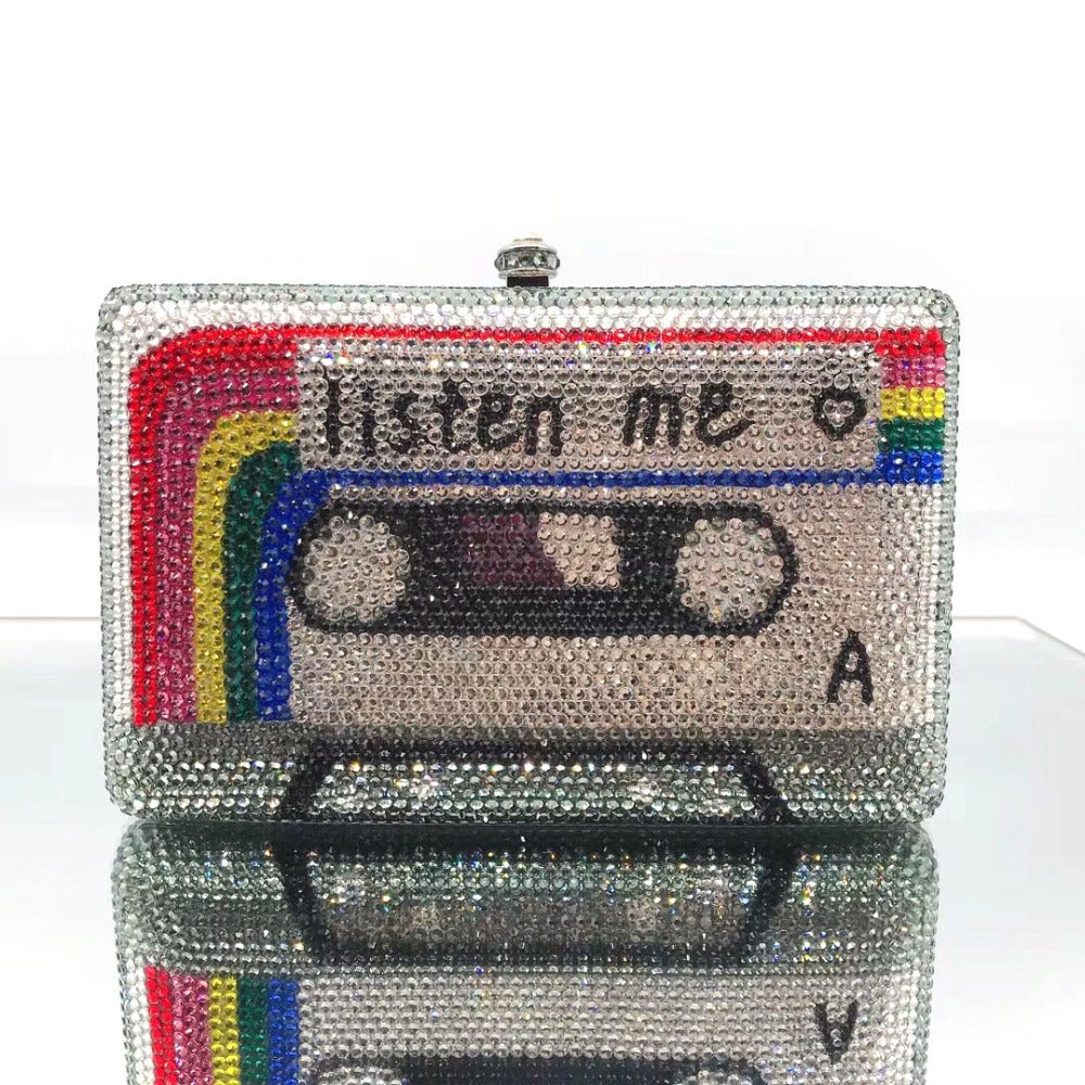 Cassette Tape Clutch Women Crystal Evening Bag - Minihomy