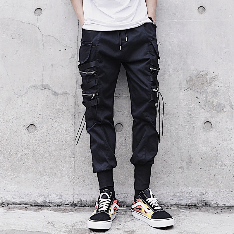 Joggers Pants Men Ribbons Pocket Cargo Trousers Feet casual pants - Minihomy