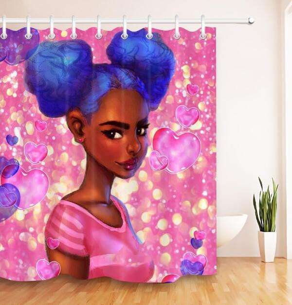 Art Design Graffiti African Girl with Black Hair with Modern Building Shower Curtain for Bathroom Decor - Minihomy