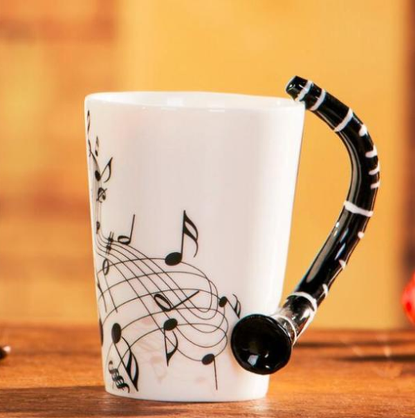 Coffee cup with music notes in the form of saxophone handle ceramic porcelain cup of tea milk method - Minihomy