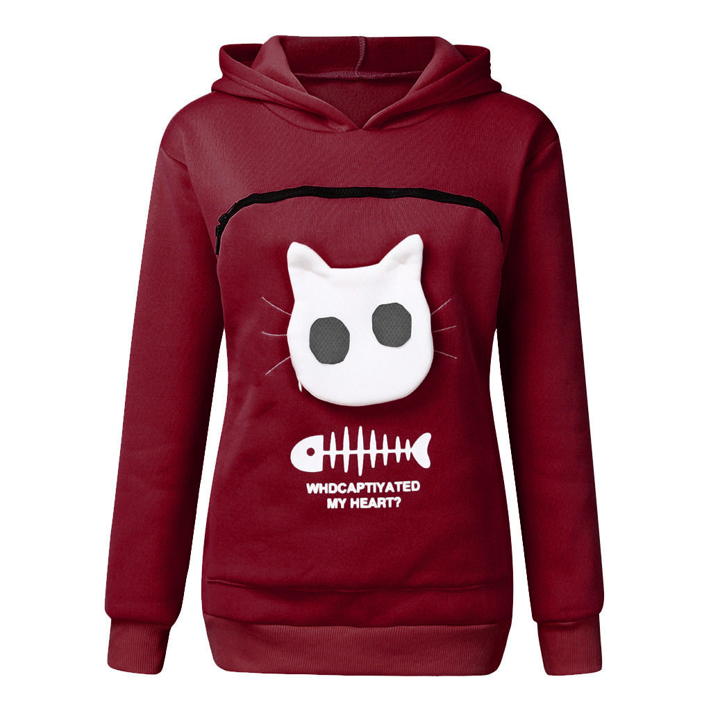 Kadın Kapşonlu Sweatshirt Kedi Evcil Hayvan Cep Tasarımı Uzun Kollu Kazak Kedi Kıyafeti