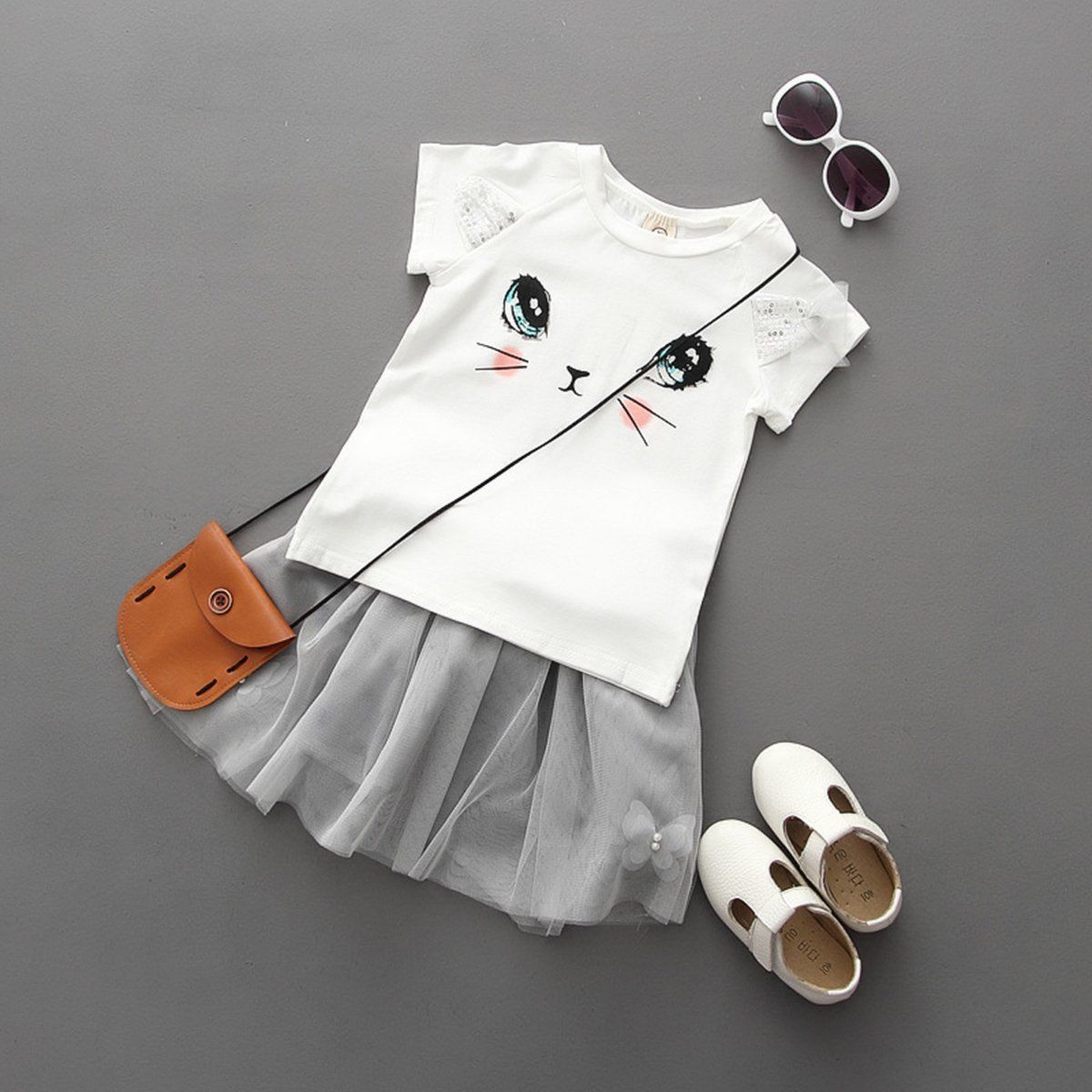 Girls Kids Cute Cat Short Sleeve T-Shirt Butterfly Beaded Puffy Skirt Set - Minihomy