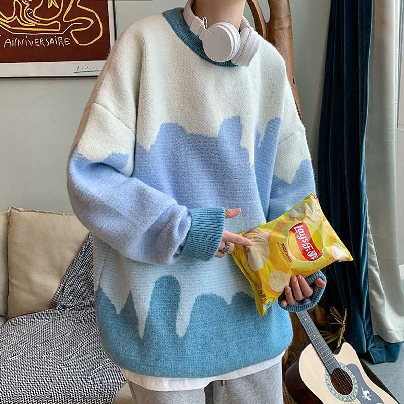 Harajuku-style Color Block Crew Neck Sweater Pullover Sweater - Minihomy