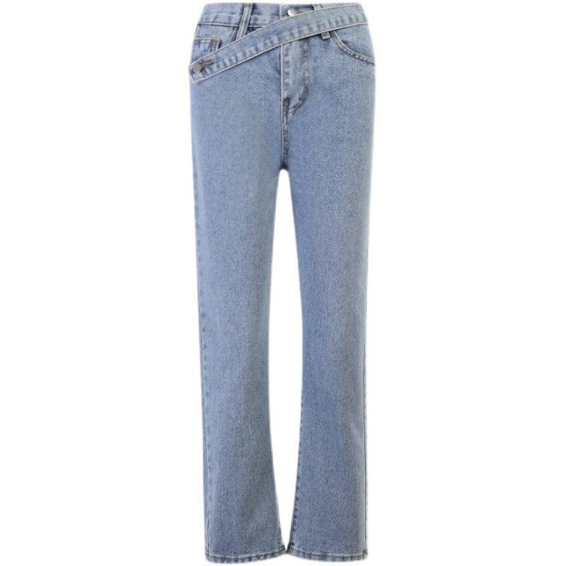 Irregular Belt High Waist Straight Distressed Light-colored Jeans - Minihomy