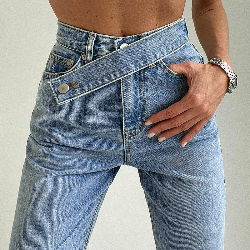 Irregular Belt High Waist Straight Distressed Light-colored Jeans - Minihomy