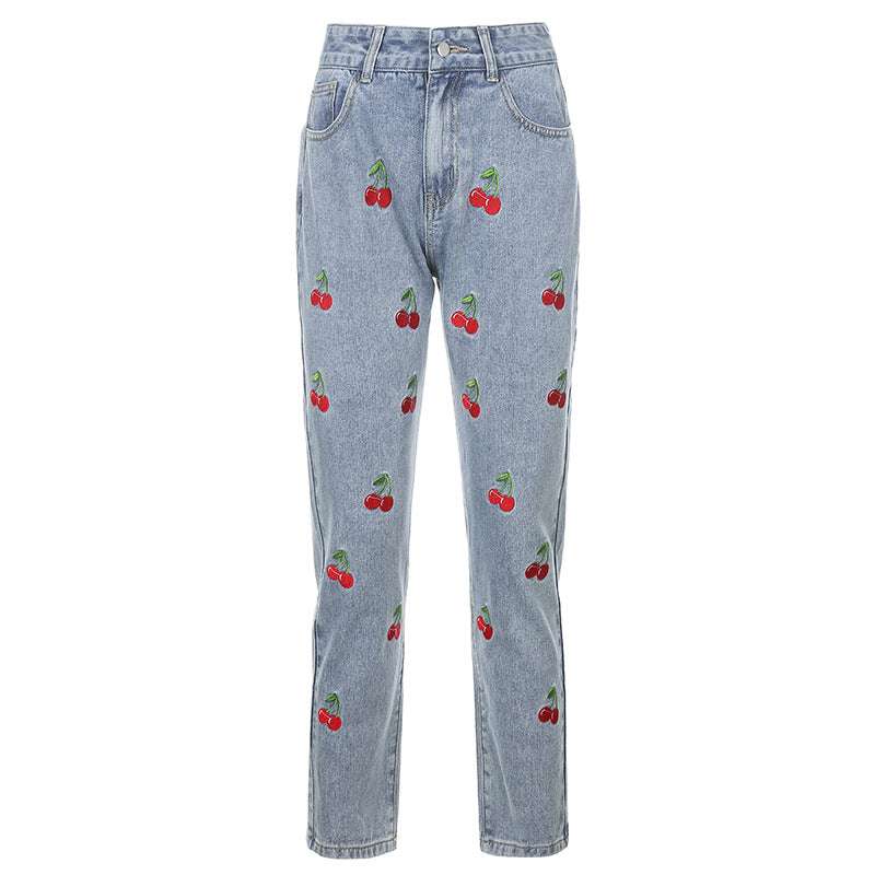 Cherry Embroidered High-rise Slimming Pencil Jeans - Minihomy