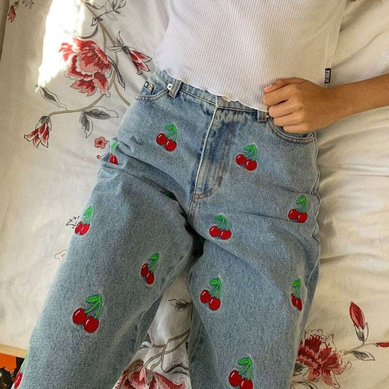 Cherry Embroidered High-rise Slimming Pencil Jeans - Minihomy