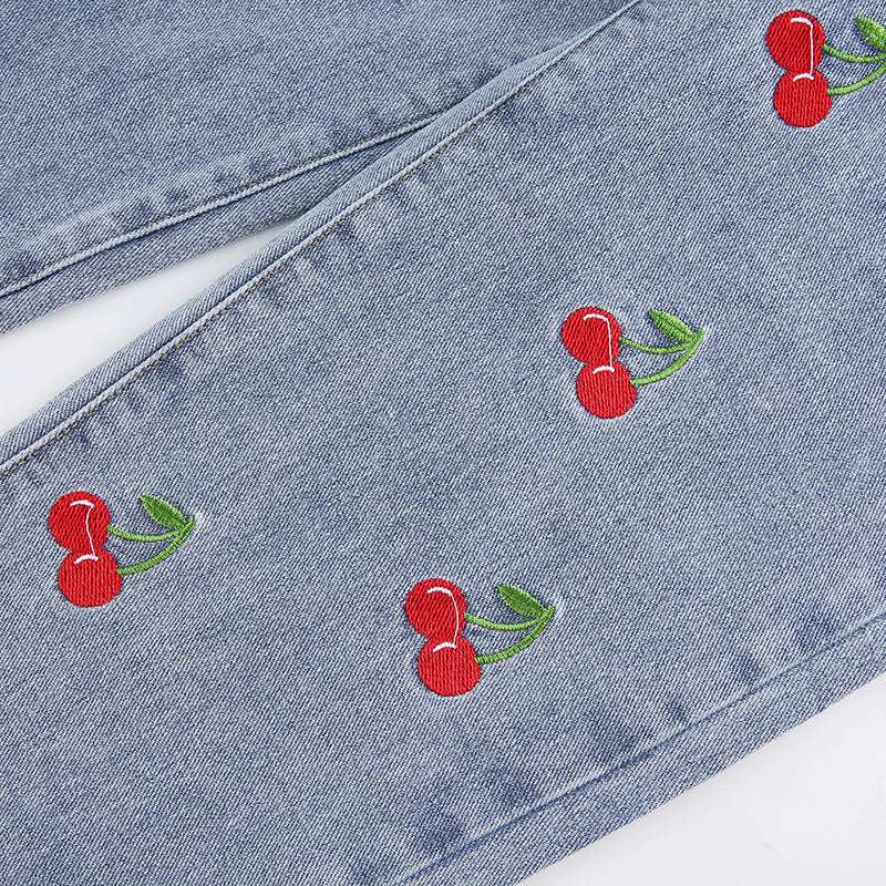 Cherry Embroidered High-rise Slimming Pencil Jeans - Minihomy