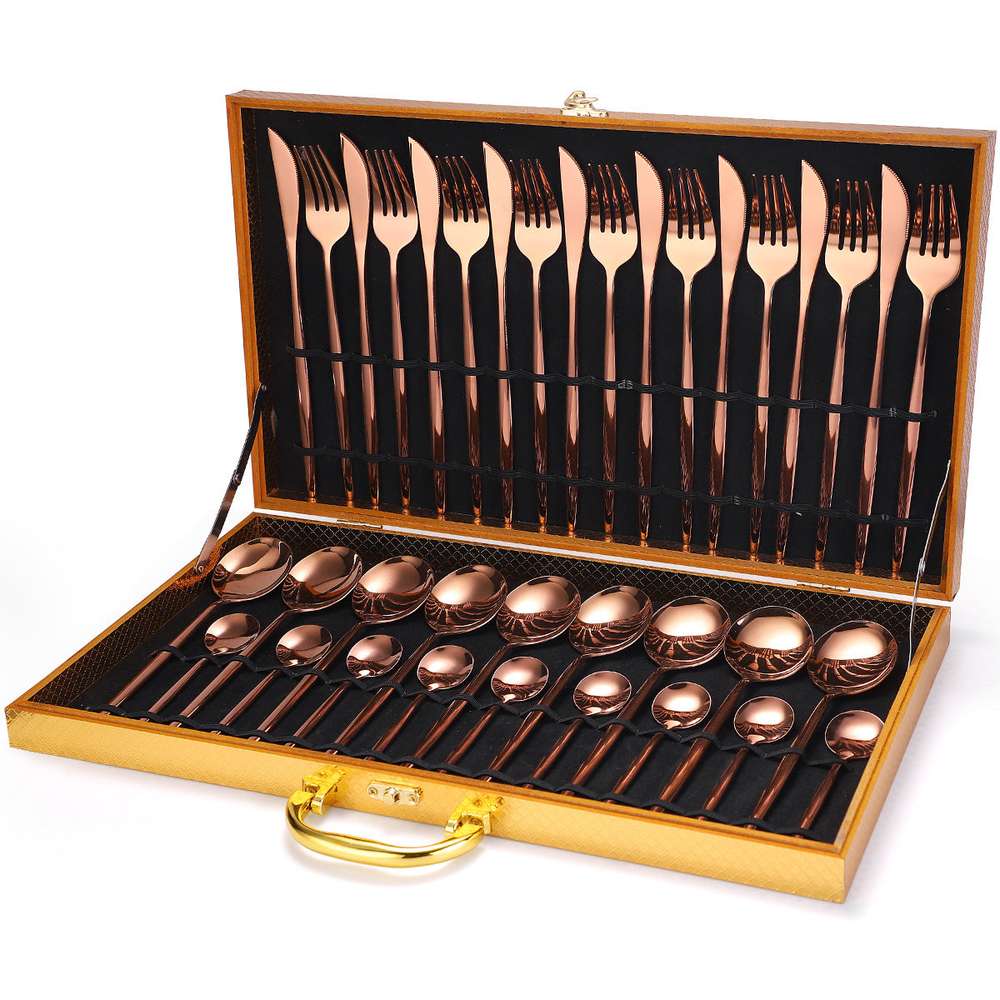 36-piece Stainless Steel Tableware Wooden Box Gift Box Set - Minihomy